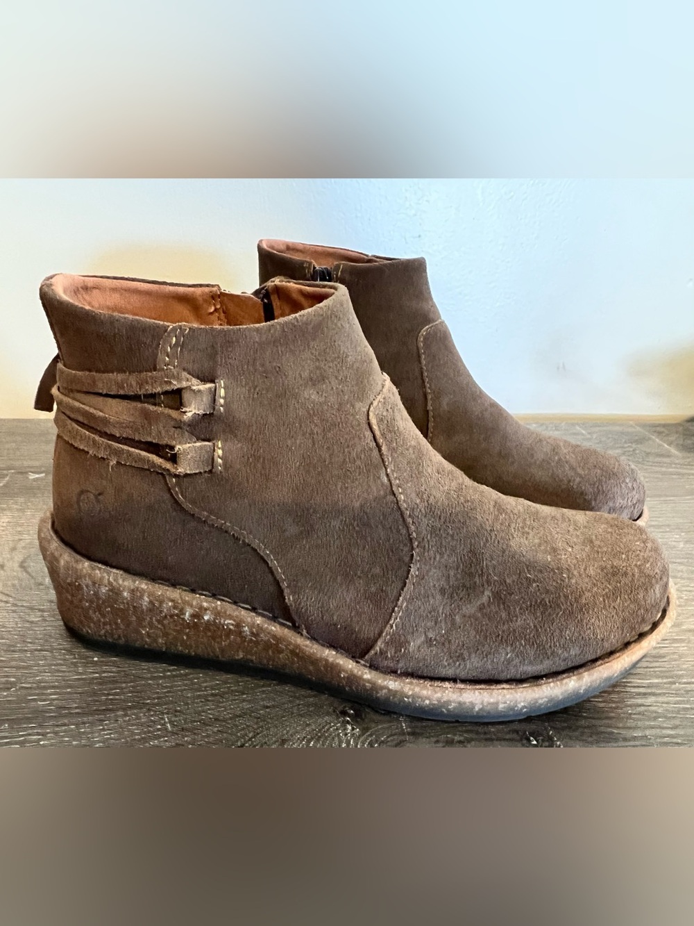 Born Viana distressed brown suede wedge ankle boots. Size 7.5
